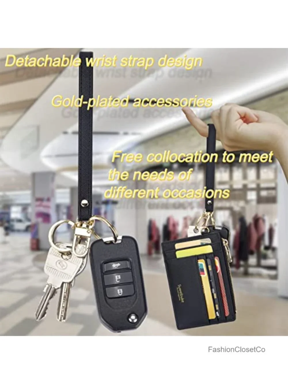 Slim RFID Blocking Leather Zip Wristlet Card Case Wallet with Keychain